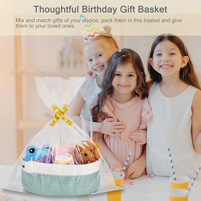 Small Woven Basket with Gift Bags and Ribbons, Empty Baby Gift Baskets for Kids Women Men, Shelf Storage, Small Cat Dog Pet Toy Boxes, 13”x 9”x 5.5”, Light Green