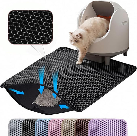 Small Cat Litter Mat, 20x14’’ Double Layer Honeycomb Cat Litter Box Mat, Non Slip Waterproof Urine Proof Litter Trapping Mat for Floor, Kitty Litter Pad, Indoor Pet Supplies, Black