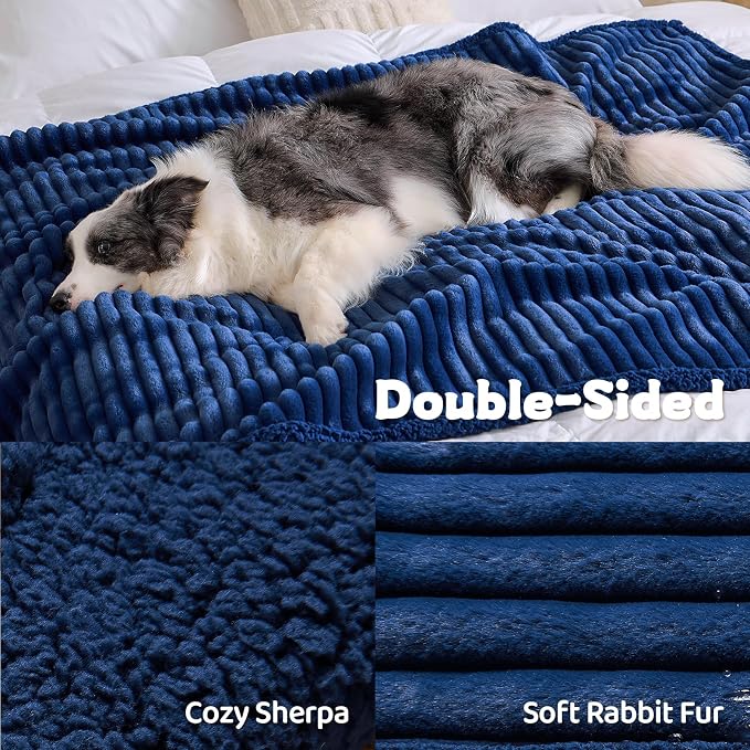 Qeils Waterproof Calming Dog Blanket for Large Dogs, Noiseless Soft Plush Pet Blanket for Bed, 500GSM Thick Faux Fur Pet Throw, Cozy Couch Furniture Protection Washable, Night Blue, 50x60IN