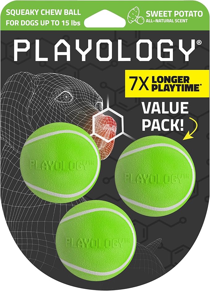 Playology Dog Toys | Squeaky Chew Ball for Dogs, Value 3-Pack | Sweet Potato Scented Small Dog Balls | Bouncy Floating Chew Toys for Fetch