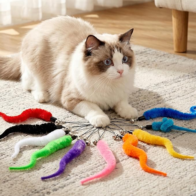 10 Pack Cat Worm Toys, Fuzzy Worm Cat Toy with Bell, Interactive Cats Wand Attachment Toys for Teaser Play and Chase Exercise with Kitten