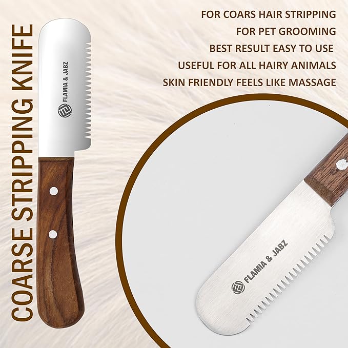 FLAMIA & JABZ Professional Dog Grooming Hand Stripping Knife, Stripper Trimmer Tool, Red Meranti Wooded Handle non slip grip with Tripping Stainless Steel blade (3 Piece Pack, Left Handed)