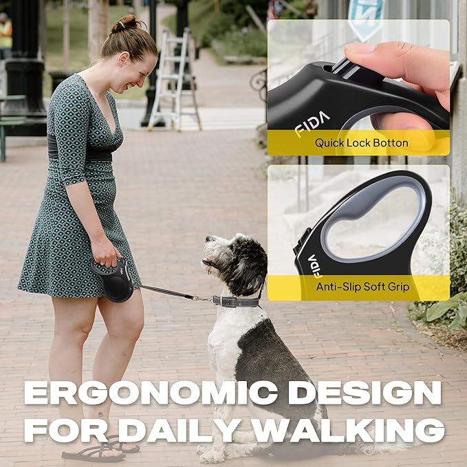 Fida Retractable Dog Leash, 16 ft Dog Walking Leash for Small Dogs up to 26 lbs, 360° Tangle Free, Black