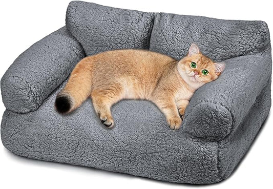 Large Cat Beds for Indoor Cats, Dog Couch Bed, Cute Cat Couch Sofas for Less 20lbs Kitten Puppy, Small Dog Sofas & Chairs with Removable Washable Cover, Soft Warm Pet Furniture, Gray