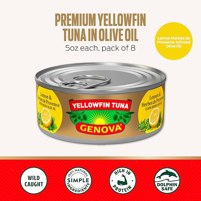 Genova Premium Yellowfin Tuna in Lemon and Herbes de Provence Infused Olive Oil, 5 Ounce Cans (Pack of 12), Solid Light