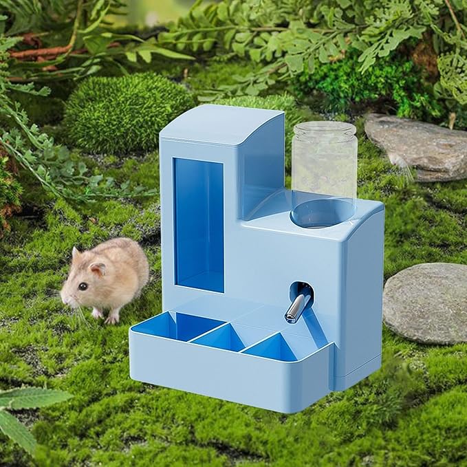 3 in 1 Hamster Automatic Feeder Dispenser Easy to Clean Container Feeding Station for Home Ferrets Bunny Small Animal Patio, Blue 80ml Bottle