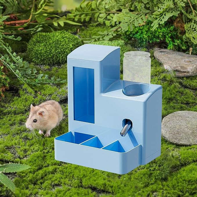 3 in 1 Hamster Automatic Feeder Container Fashion Large Capacity Dispenser Water Bottle for Chinchillas Small Animal Bunny, Blue 80ml Bottle