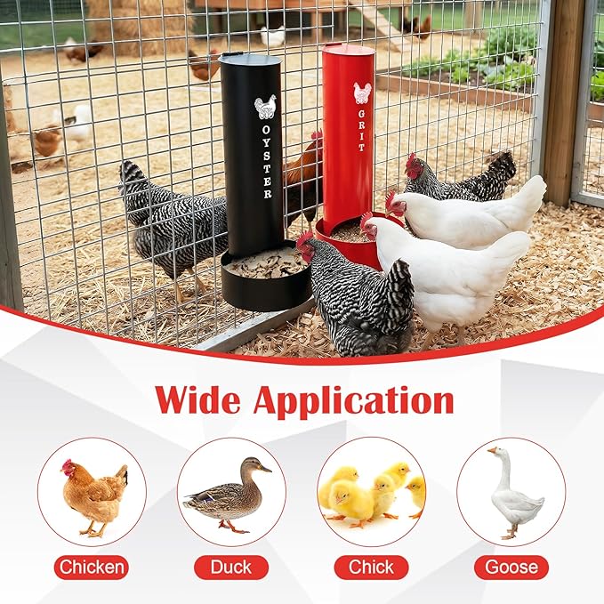 Chicken Oyster Shell Feeder and Grit Feeder and 6 Pcs Automatic Chicken Waterer Cup, Metal Hanging Poultry Feeders and Plastic Poultry Water Cup, Coop Accessories, Black+Red