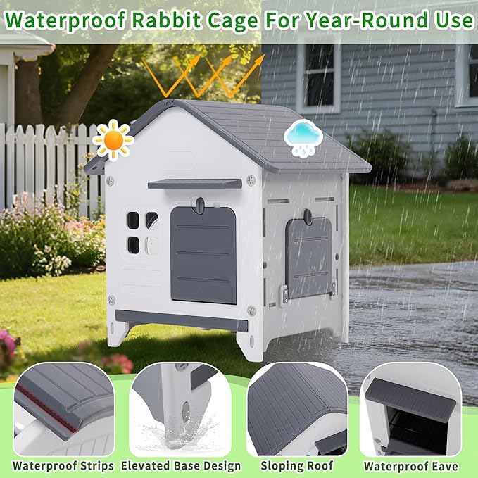 Rockever Plastic Rabbit Cage Outdoor Indoor, Waterproof Rabbit Hutch-Leak-Proof Pull-Out Tray&Chew-Proof, Bunny Cage Guinea Pig Cages, Easy-Clean & Ideal for Small Animal