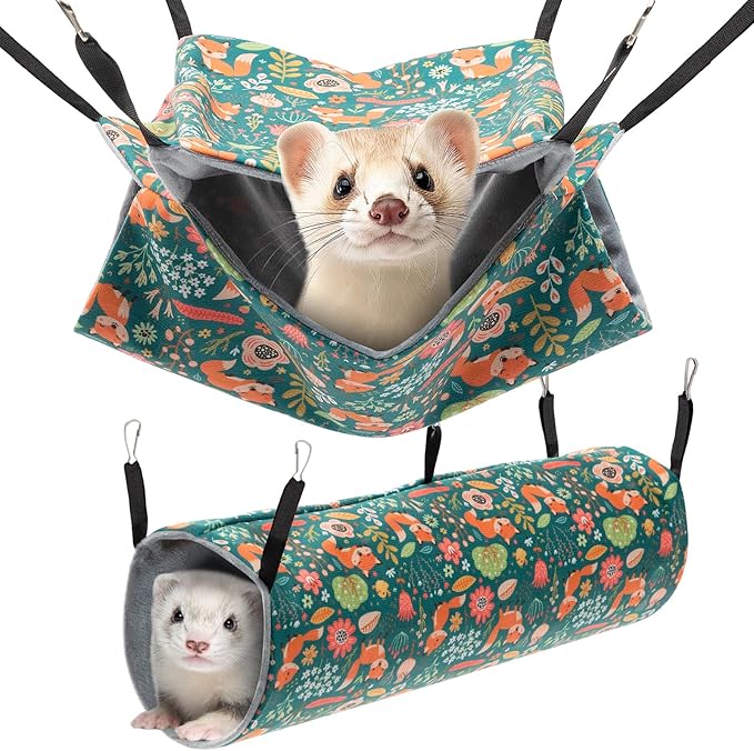 ondware 2 Pack Ferret Hammock and Tunnel Set, Soft Ferret Toys, Washable Rat Cage Accessories for Hamster Sugar Glider Squirrel