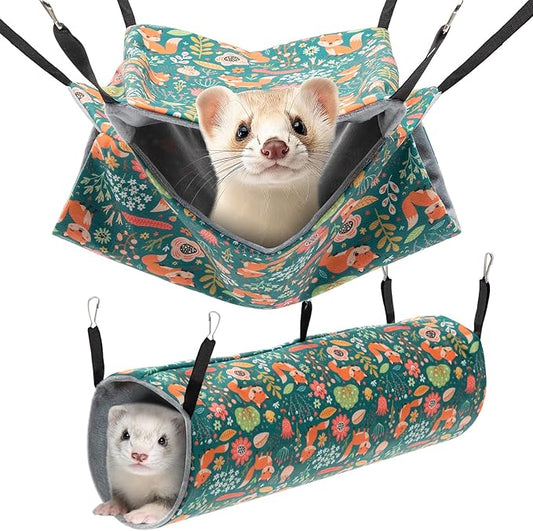 ondware 2 Pack Ferret Hammock and Tunnel Set, Soft Ferret Toys, Washable Rat Cage Accessories for Hamster Sugar Glider Squirrel