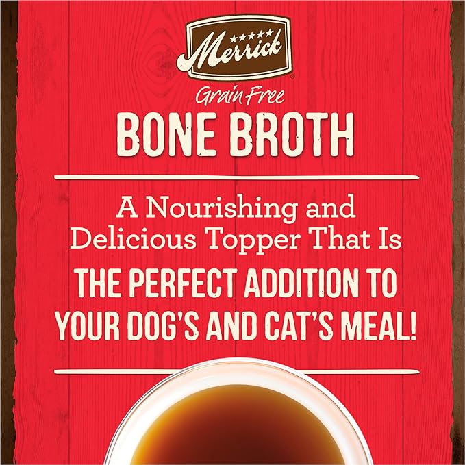 Merrick Grain Free Beef Bone Broth Dog and Cat Food Topper, Premium Grain-Free Complement, 16 oz. Pouch