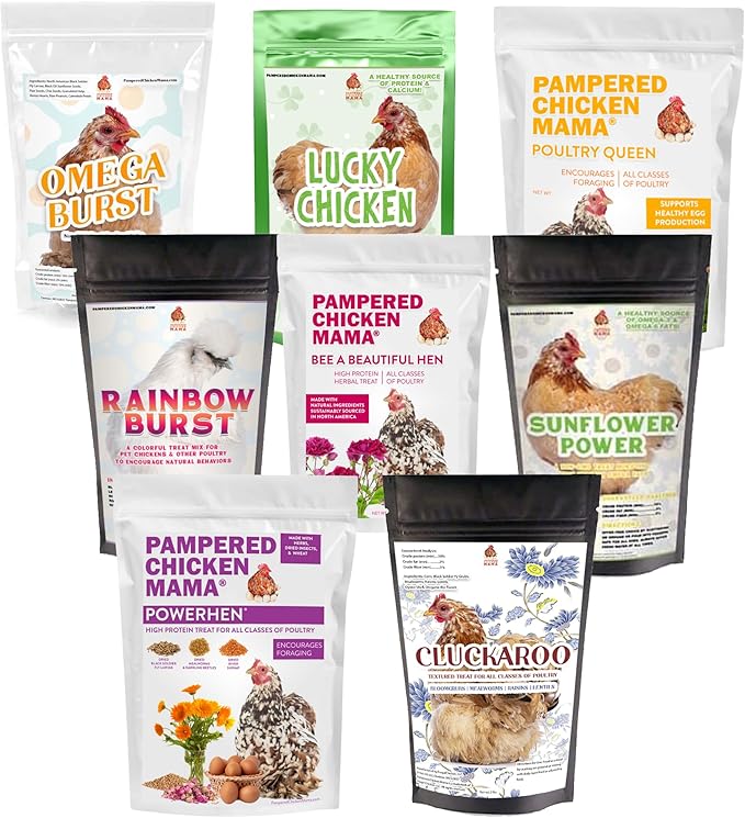 Pampered Chicken Mama Chicken Treat for Hens 8 Pounds Sampler Bundle: 8 Different Treats in One Box! - Grubs, Dried Mealworms, Cracked Corn, Oyster Shell, & Duck Feed