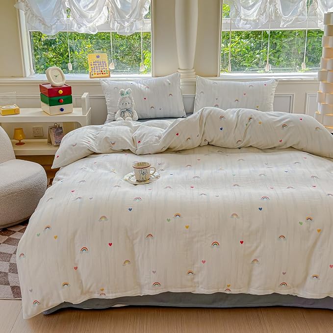 BlueBlue Rainbow Duvet Cover Set Queen 100% Cotton Soft Lightweight Gauze Bedding Rainbow Cloud Hearts Print on White 1 Cute Cartoon Full Comforter Cover 2 Pillow Shams, Queen