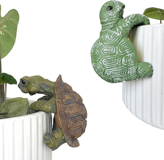 2pcs Resin Turtle Figurines for Pot Edge and Aquarium Decor, Realistic Climbing Green and Brown Decorative Turtles