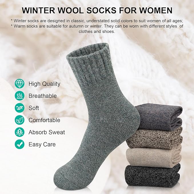Justay 5 Pairs Womens Wool Socks Thick Warm Winter Socks Casual Cozy Socks Vintage Knit Crew Socks Gift for Women