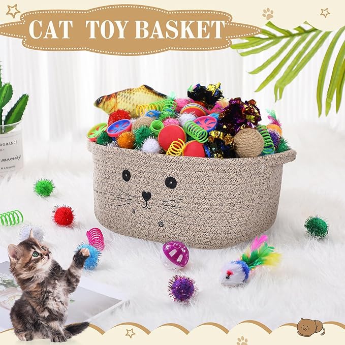Zopeal 58 Pcs Mother’s Day Cat Storage Basket Gift Toys Set, Colorful Flashing Balls Pet Bell Crinkle Balls Spring Toys Attract Cat to Swat, Hunt, Interactive for Pet(Dark Brown,12 Inch)