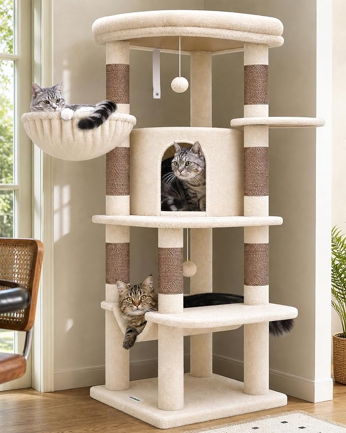 Globlazer Corner Cat Tree, 51in Curved Series Modern Cat Tower for Indoor Cats with Hammock, 7 Sisal Scratching Posts, Large Fan-Shaped Platform for Large Cats, Cat Condo & Hanging Basket, C51, Beige