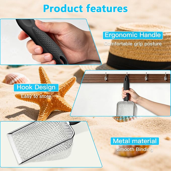 Beach Mesh Shovel for Shell Collecting, Stainless Steel Sand Sifter Scoop for Kids, Sand Scooper Beach Toy for Seashells, Shark Teeth, Sea Glass & Treasure Hunt, Black