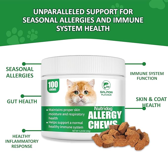 Cat Allergy Relief Chews for Seasonal Allergies - Itchy Skin, Sneezing & Paw Licking Remedy with Colostrum, Probiotics 300M CFU & Omega 3, Salmon Flavor Soft Chews, 100 Count