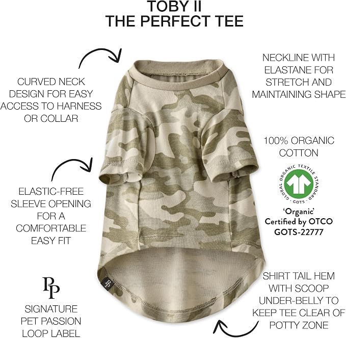Pet Passion Toby II - The Perfect Tee, 3 Pack Short Sleeve Pet T-Shirt 100% Organic Cotton Tees Clothes for Small, Medium, Large Dogs, Sage Camo, Medium (20-45 lbs)