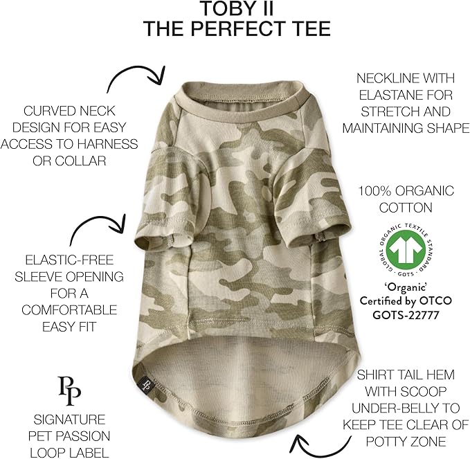 Pet Passion Toby II - The Perfect Tee, 3 Pack Short Sleeve Pet T-Shirt 100% Organic Cotton Tees Clothes for Small, Medium, Large Dogs, Sage Camo, XX-Large (70-110 lbs)