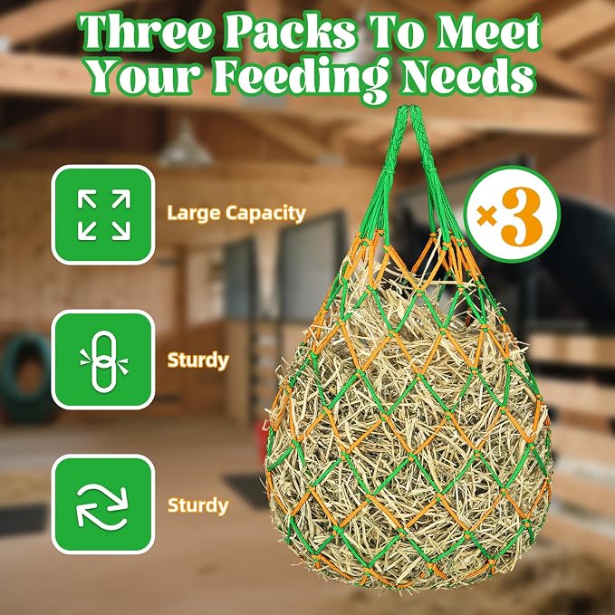 YedsIntu 3 Pcs Hay Bags for Horses, Hay Nets for Horses Goat Sheep,Goat Hay Feeder for Slower Feeding,Strong Load-Bearing Hay Bag Hanging for Horse Stable Trailer (Green)