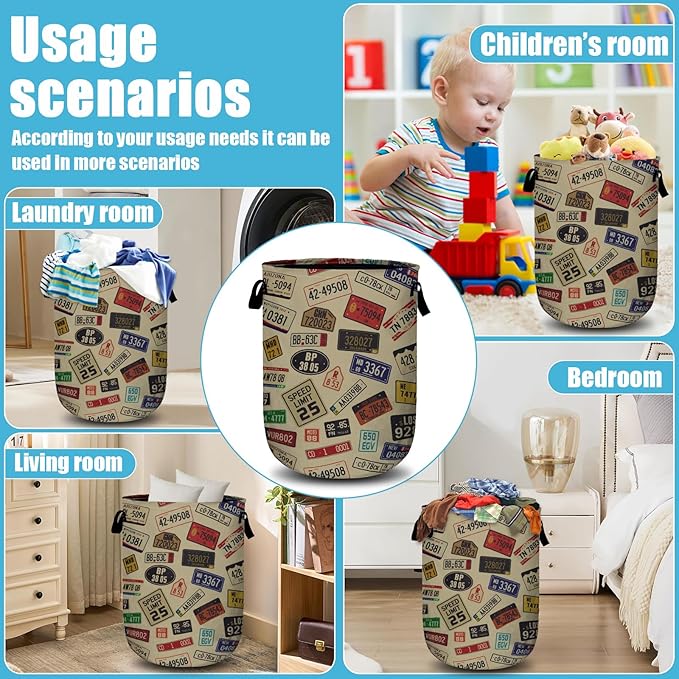 Colourful Car Number Plates Laundry Basket, Laundry Hamper Collapsible Oxford Cloth with Handle Clothes Storage Bin for Bathroom Laundry Room Bedroom 15.7 X 20 Inch