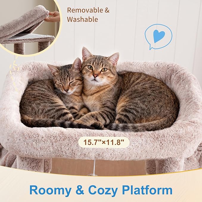 Hey-brother Cat Tree Tower with Extra Large Platform, Spacious Condo, 2 Cozy Hammocks, Self-Grooming Brush, Sisal Scratching Posts for Big Indoor Adult, Maine Coon, 35.4 Inches, Muchroom MPJ060MU