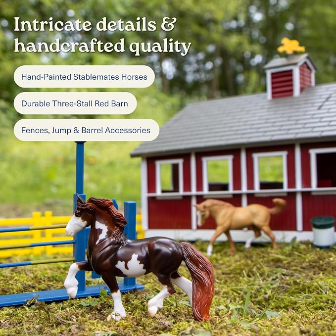 Breyer Stablemates Red Stable Set with Two Horse Figurines - Premium Horse Barn Toy for Kids - Educational Collectible Equestrian Gift for Kids - Imaginative Play Set