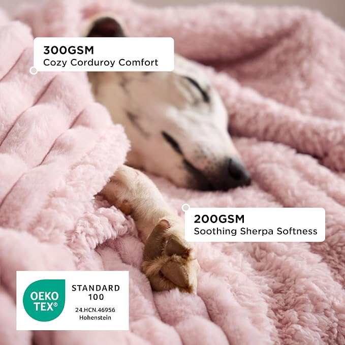 Bedsure ComfyFleece™ Waterproof Dog Blankets for Large Dogs - Soft Pet Cat Blanket Corduroy Fleece for Bed Protector Washable, Cozy Calming Reversible Furniture Protection,60"x80", Blush Pink