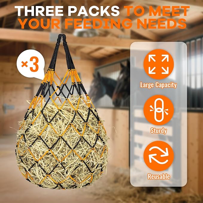 YedsIntu 3 Pcs Hay Bags for Horses, Hay Nets for Horses Goat Sheep,Goat Hay Feeder for Slower Feeding,Strong Load-Bearing Hay Bag Hanging for Horse Stable Trailer (Black and Yellow)