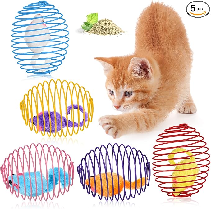 Jecery 5 Pcs Cat Spring Balls Toys Stretchable Rolling Balls Colorful Playful Coils Interactive Action Toy Caged Rats for Kitten Pet Supplies (Catnip Rats,Multicolor)