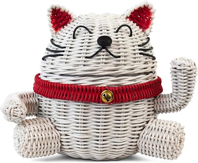 G6 Collection Lucky Cat Rattan Storage Basket With Lid Decorative Bin Home Decor Hand Woven Shelf Organizer Cute Handmade Handcrafted Nursery Gift Animal Art Decoration Artwork Lucky Cat
