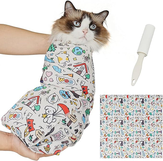 Supet Cat Grooming Wrap for Cutting Nails, 2026 Self-Adherent Anti-Escape Calming Cat Swaddle Wrap for Medicine, Nail Clipping, Teeth Brushing, Ear Cleaning (Cartoon, M)