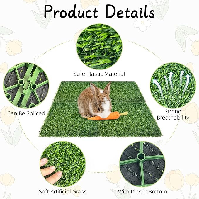 Hamiledyi 4 Pcs Artificial Rabbit Grass Mats Reusable Guinea Pig Pee Pads 11.8" x 11.8" Washable Turf Fake Grass Plastic Bunny Mat for Rabbit Chinchilla Small Pets Indoor Outdoor Trainer