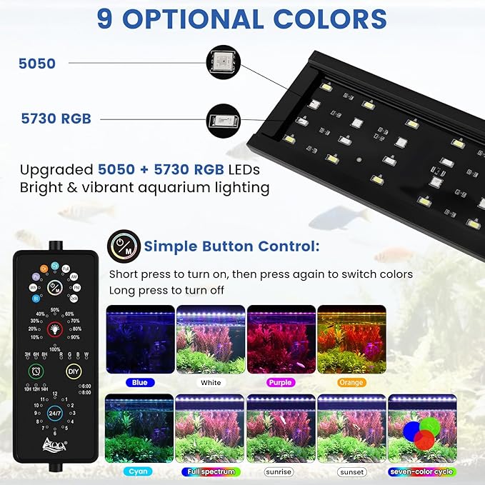 AQQA Aquarium Plant Light Full Spectrum LED Fish Tank Light IP68 Waterproof with 24/7 Natural Mode & DIY RGBW Mode, 9 Colors & 10-Level Brightness Adjustable, 6 Timer Settings for 32"-40" Tank (30W)