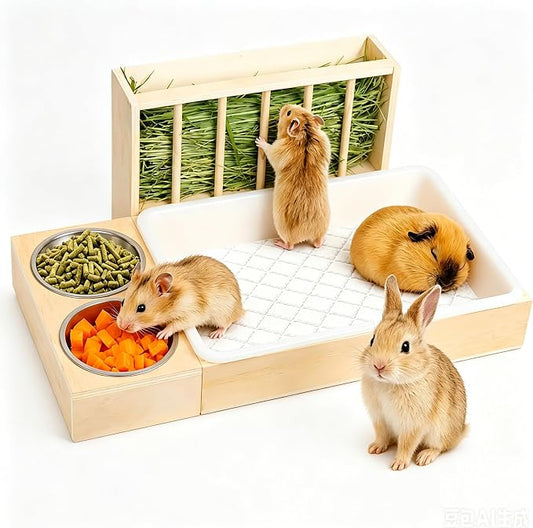3 in 1 Bunny Litter Box with Hay Feeder, 2 Food Bowls | Potty Trainer for Rabbits, Guinea Pigs, Chinchillas, and Small Animals,Large Capacity,Preventing Waste