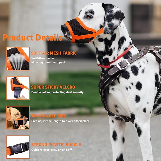 Seyezo Dog Muzzle, Soft Breathable Muzzle for Small Medium Large Dogs, Air Mesh Nylon Muzzle Cover Prevent Biting Barking Chewing, Adjustable Drinkable Pet Muzzle 6 Sizes (Orange,M)