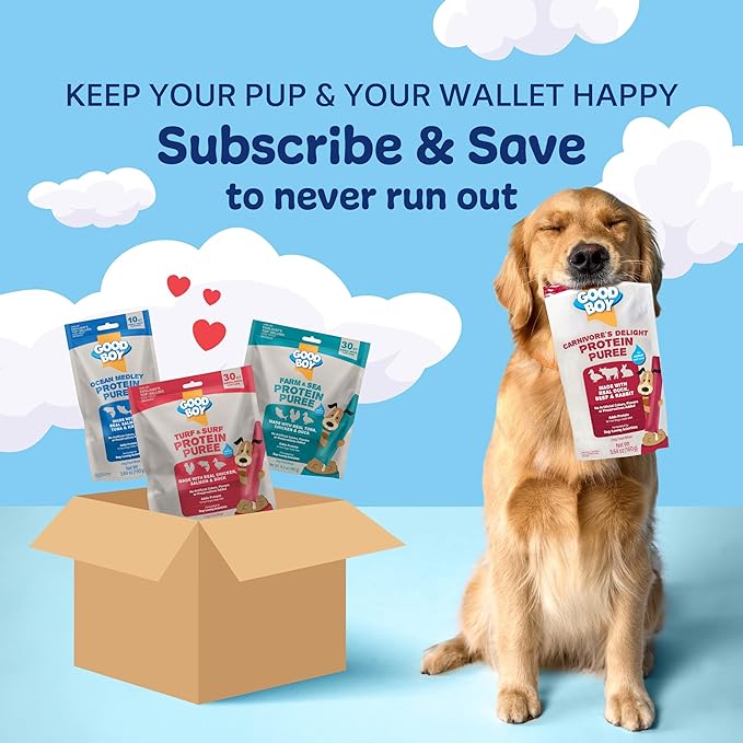 Good Boy Turf & Surf Protein Purees Dog Food Mixers for All Adult Dogs, 10 Count, Easy Single-Serve Triple Flavor Topper Treats with Chicken, Salmon and Duck