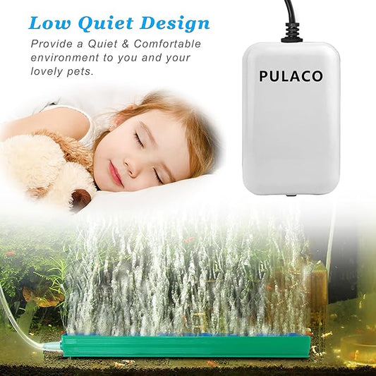 PULACO Ultra Quiet Mini Aquarium Fish Tank Air Pump for 1-20 Gallon Fish Bowl with Air Tube Air Bubbler Stone Check Valve