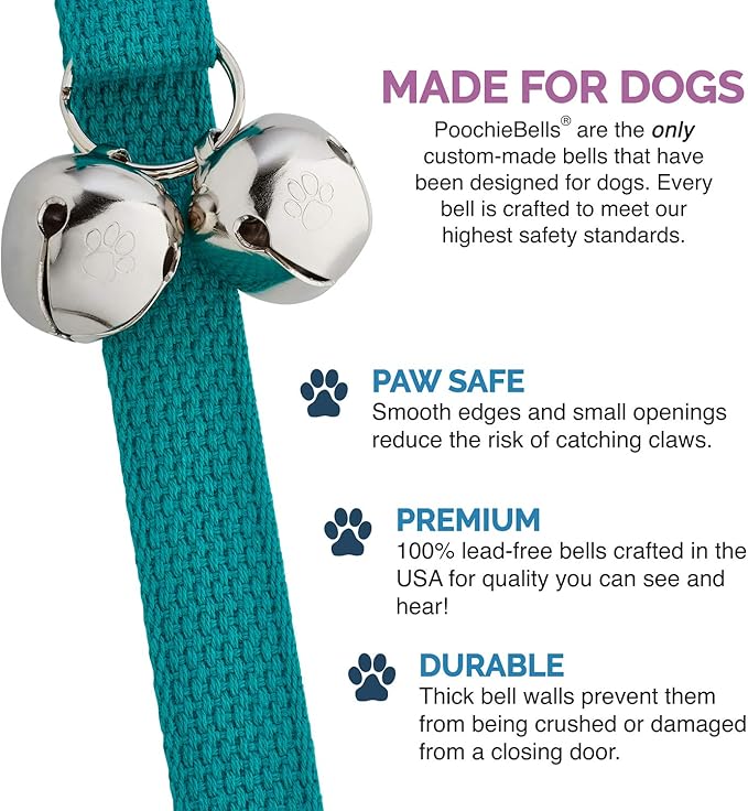PoochieBells Dog Door Bells for Potty Training, Quick & Easy Puppy Potty Training Method Included, Handcrafted in USA with Loud, Paw-Safe Bells, Durable Cotton Webbing - Teal