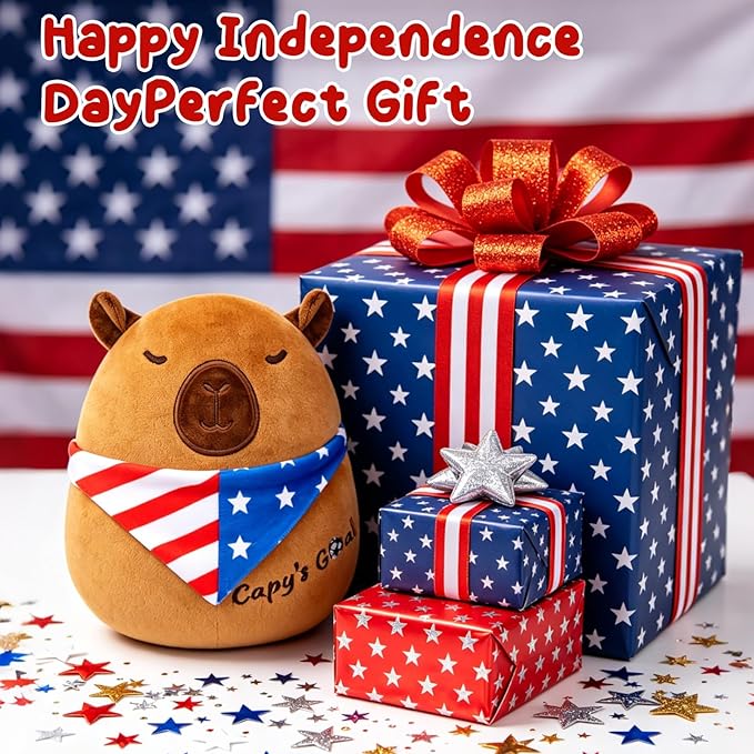 Capybara Plush with USA Flag Scarf - 8" Cute Stuffed Animal, Patriotic Decorations for July 4th & Memorial Day, Soft Toy Gift for Kids Adults 250 Anniversary Decorations