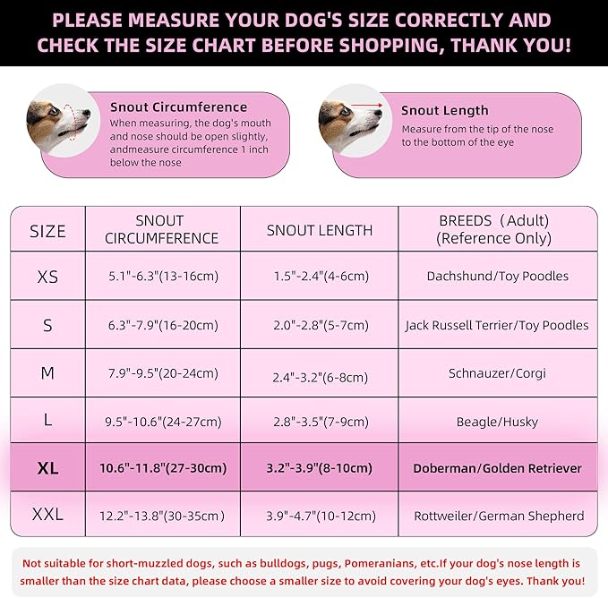 Pink Dog Muzzle, Breathable Soft for Large Dogs to Anti & Prevent Barking Biting Chewing, Reflective & Adjustable Basket Muzzle with Air Mesh for Doberman Pink XL