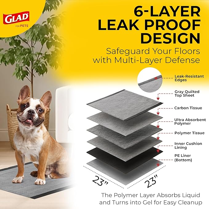 Glad for Pets Black Charcoal Puppy Pads - Super Absorbent Disposable Dog Pee Pads, Potty Training Pads, and Pet Supplies - Dog Pee Pads for Crate Training and Indoor Use 23" x 23" - 50 Count
