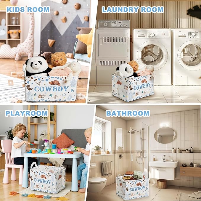 Western Basket for Cowboy Nursery Decor Boy, Blue White Brown Western Toy Bin, Cowboy Baby Shower Decorations, Large Squarecanvas Laundry Hamper With A Waterproof PECoating, Foldable