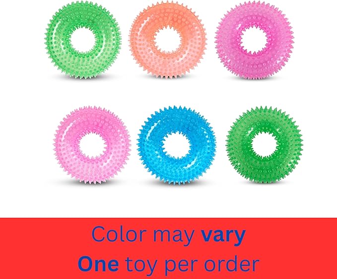 Bow Wow TPR Spiked Squeaky Dog Toy – Dental Ring or Bone – Vanilla Scented, Colorful, and Fun – Gum Massaging Spikes for Everyday Play