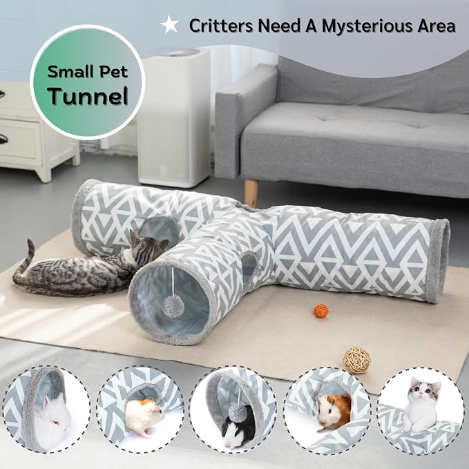 JanYoo Plush Rabbit Hideout Bunny Tunnel and Tube 3 Ways Guinea Pig Tunnel | 47'' Collapsible Cat Toys with Interactive Ball for Indoor Kittens Rabbits Ferret Guinea Pigs Pet Accessories