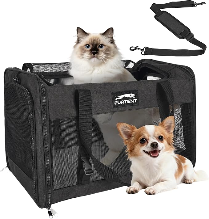 Soft Sided Cat Carrier for Large Cats, Pet Carrier for 2 Cats or Small Dogs Up to 25Lbs, Large Cat Carrier with Shoulder Strap, Cat Car Carrier with Safety Buckle & Cushion, 20x13x13 inches, Black