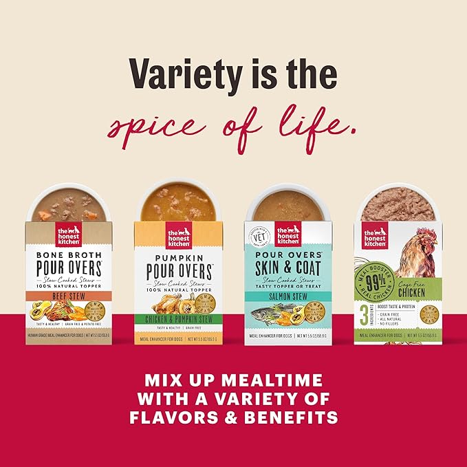 The Honest Kitchen Human Grade Superfood POUR OVERS Wet Toppers for Dogs (12 Pack), 5.5 oz - Beef & Lamb Stew